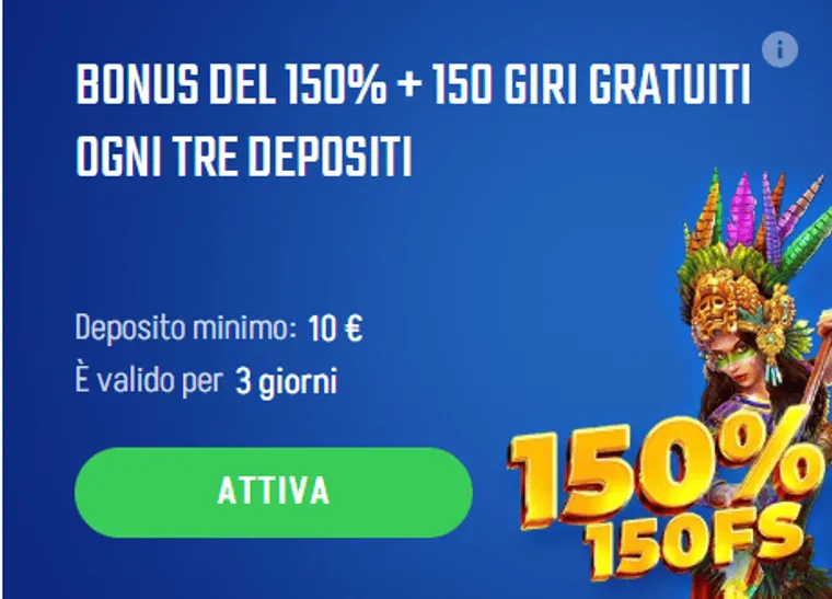 Bonus del 150 150 giri gratuiti ogni tre depositi